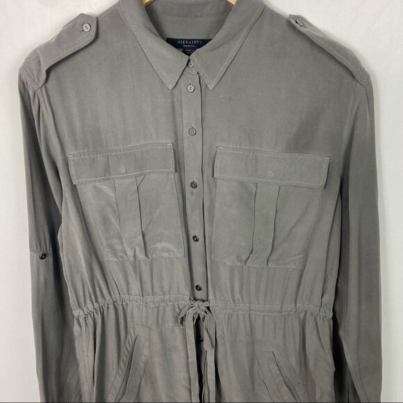 AllSaints Millie Shirt Dress Grey Modal Size Medium Military Style Long Sleeves - Picture 6 of 14
